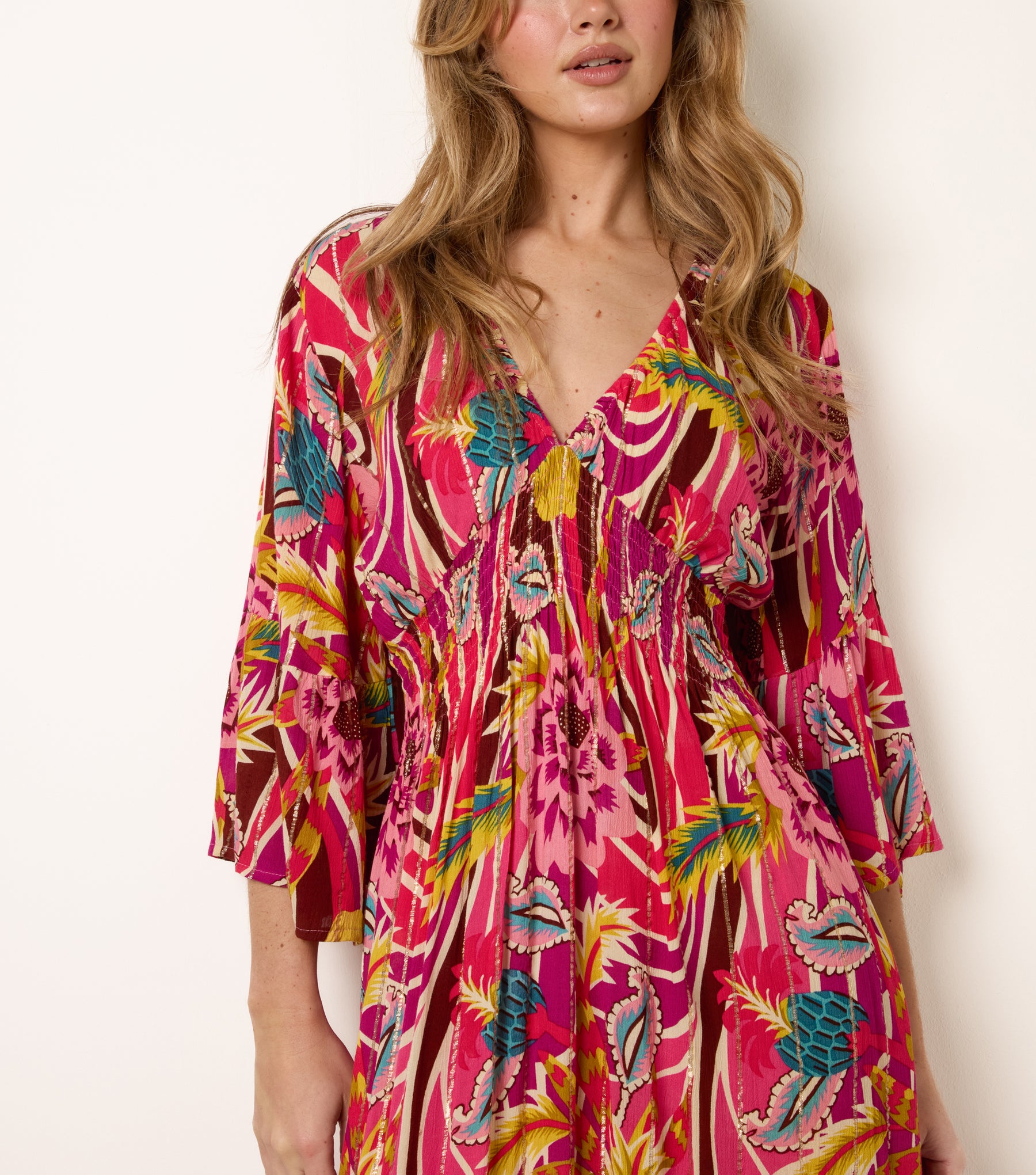 V-Neck Metallic Detail Bright Floral Dress
