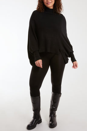 Batwing Split Hem High Neck Jumper