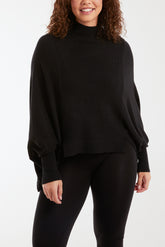 Batwing Split Hem High Neck Jumper