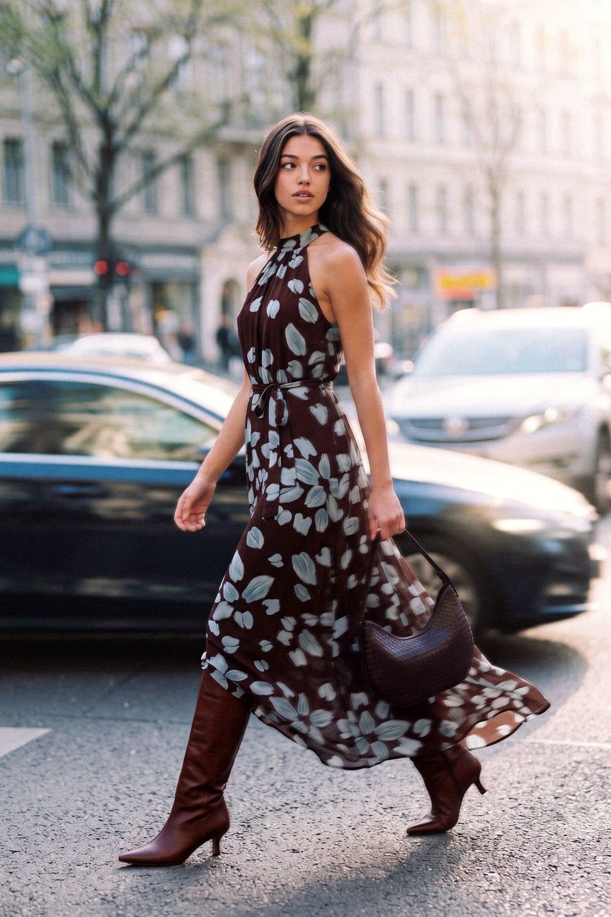 Brushtroke Flower Patterned Halterneck Maxi Dress