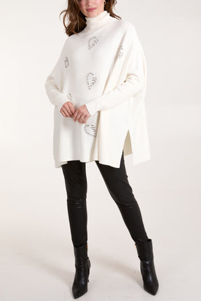 Diamante Heart Roll Neck Jumper