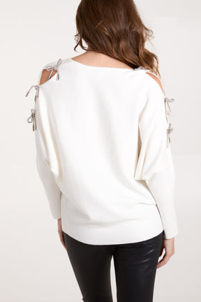 Glitter Bow Cut Out Sleeve Jumper