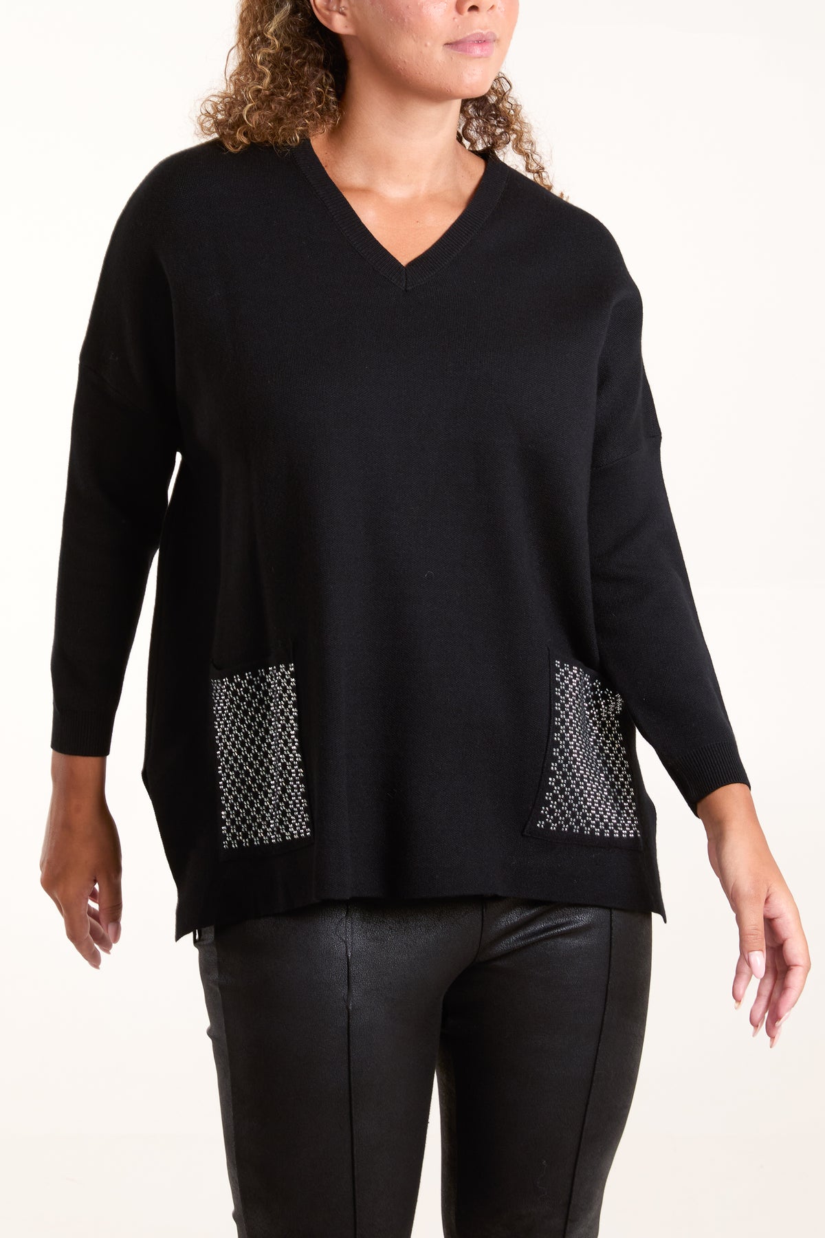 V-Neck Diamante Pocket Jumper