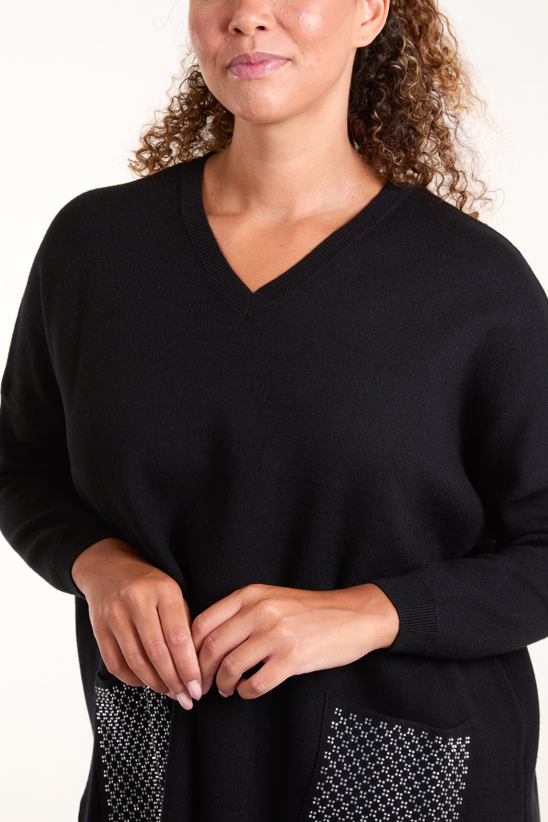 V-Neck Diamante Pocket Jumper