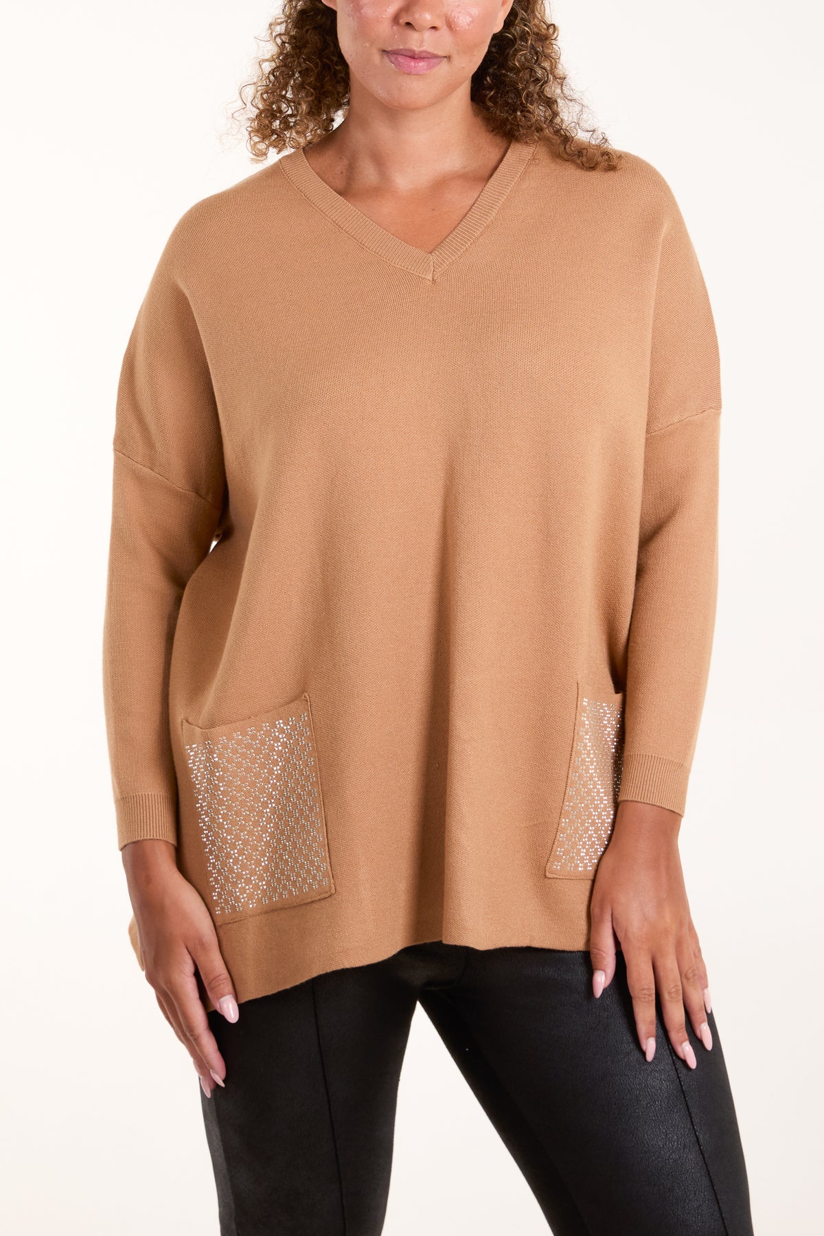 V-Neck Diamante Pocket Jumper