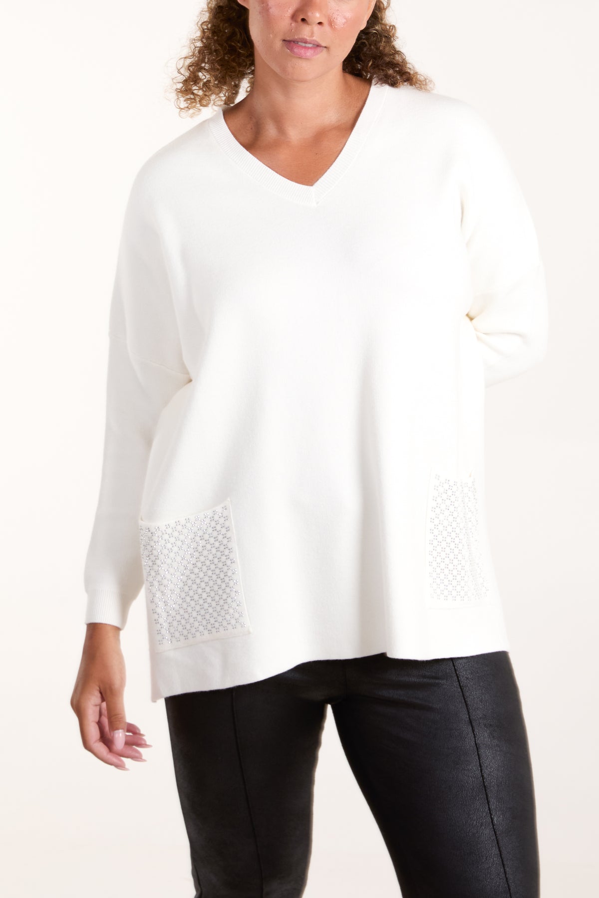 V-Neck Diamante Pocket Jumper