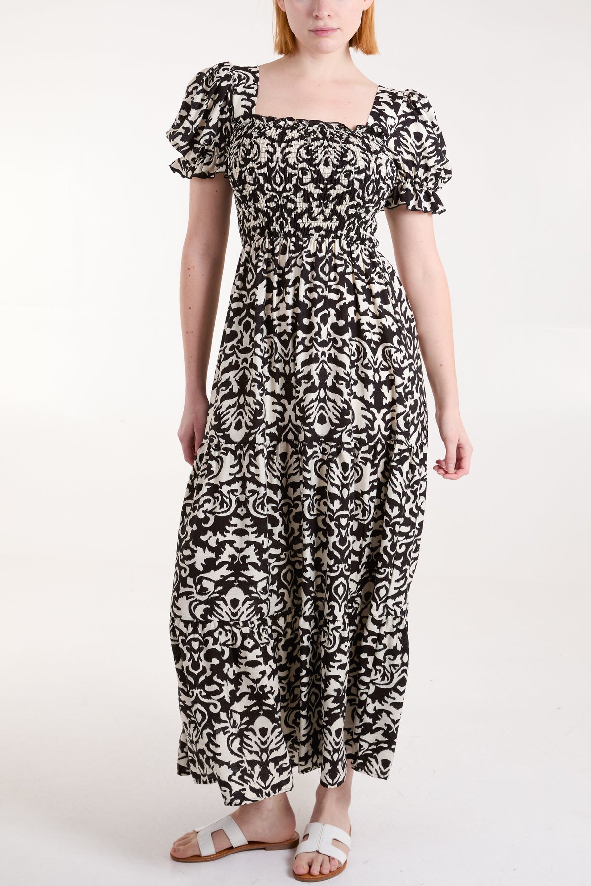 Damask Print Puff Sleeve Square Neck Dress