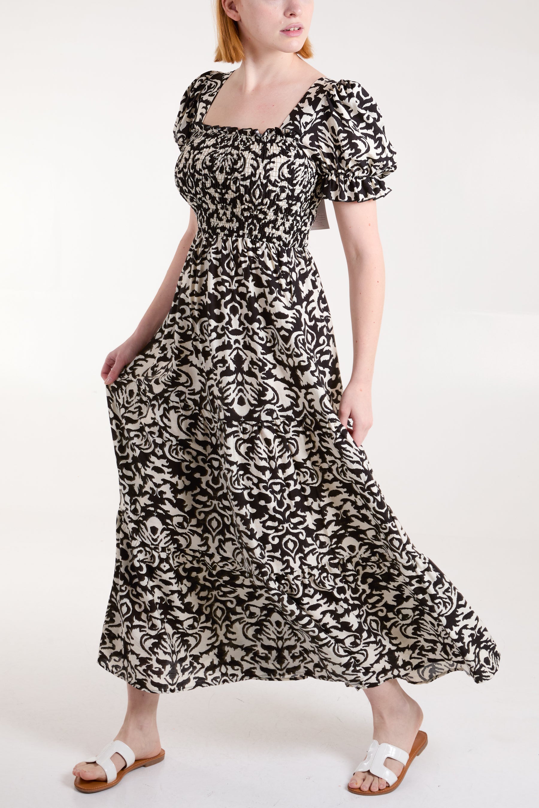 Damask Print Puff Sleeve Square Neck Dress