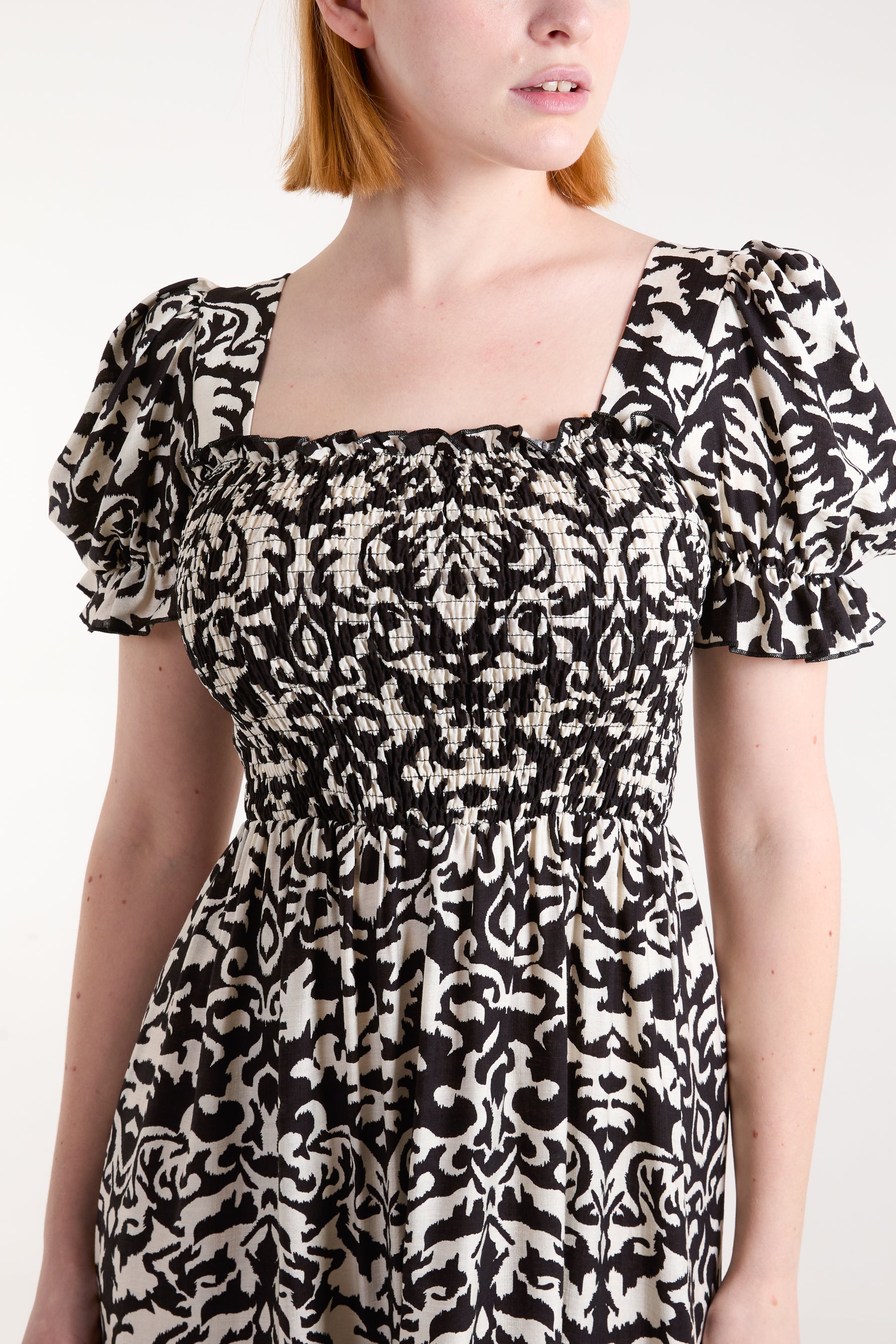 Damask Print Puff Sleeve Square Neck Dress