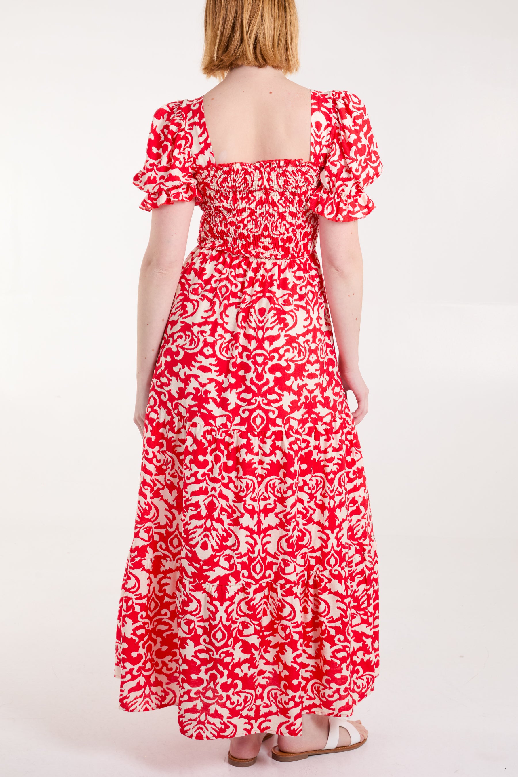 Damask Print Puff Sleeve Square Neck Dress