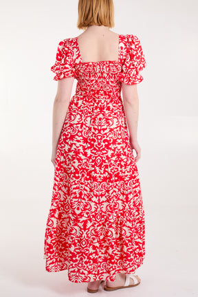 Damask Print Puff Sleeve Square Neck Dress