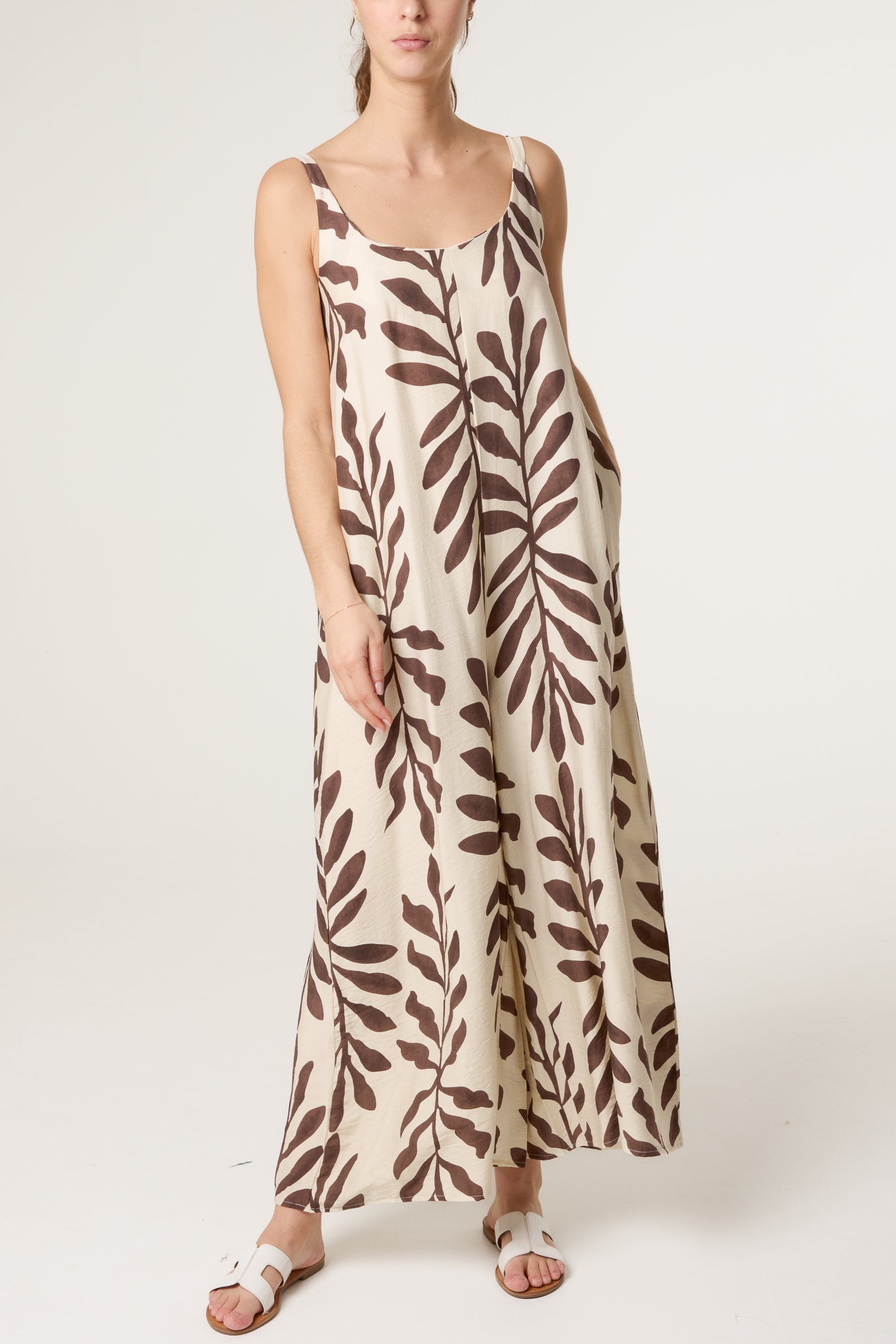 Leaf Print Wide-Leg Cami Jumpsuit