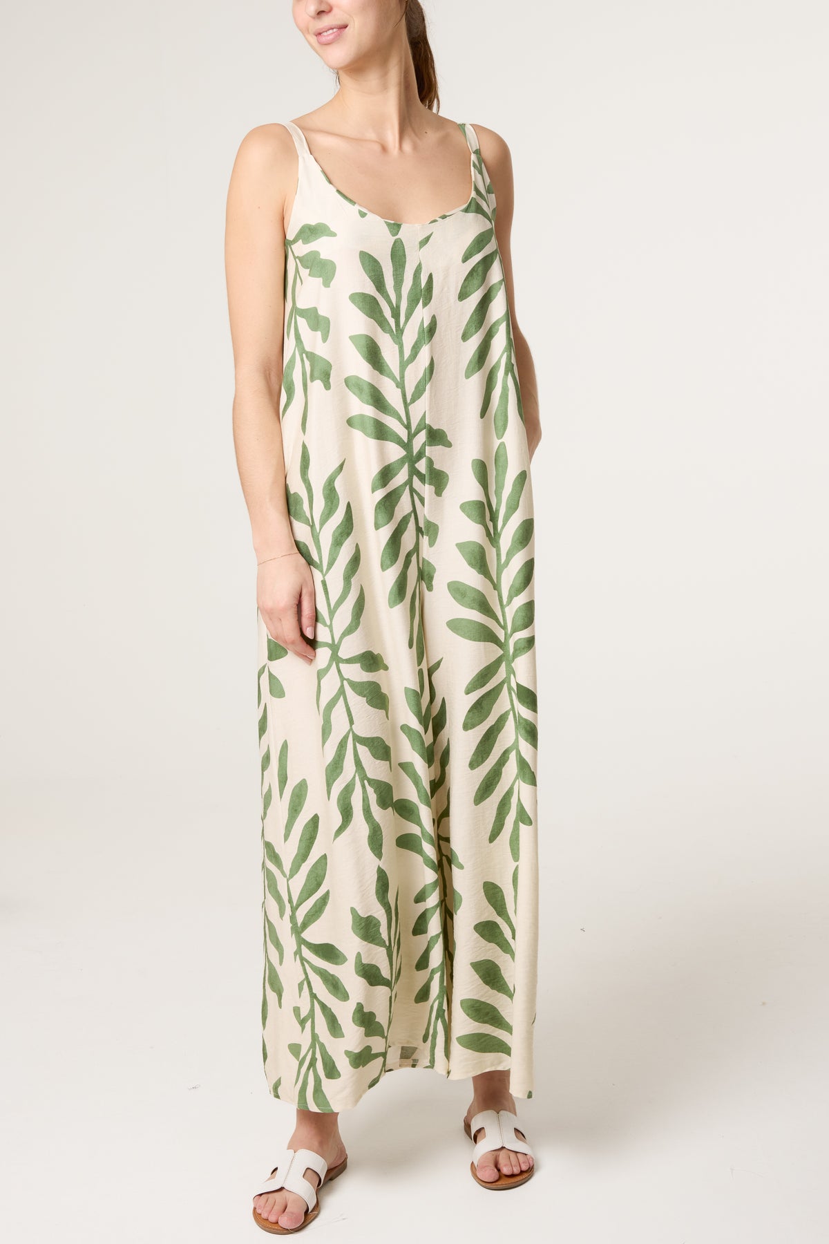 Leaf Print Wide-Leg Cami Jumpsuit