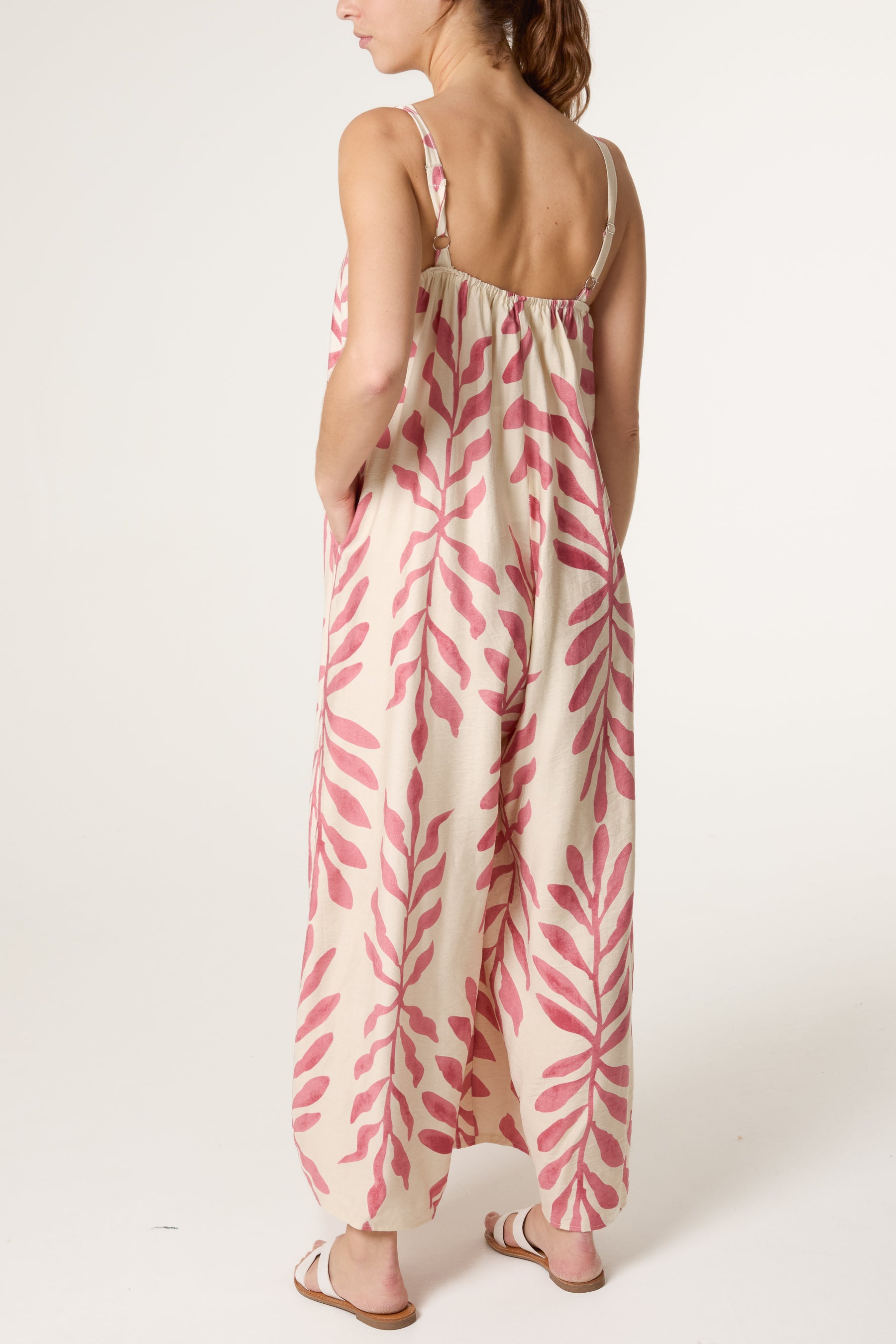 Leaf Print Wide-Leg Cami Jumpsuit