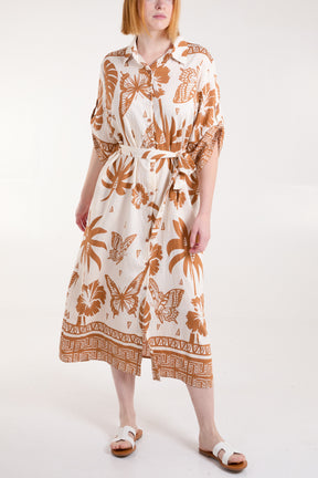 Tropical Butterfly Print Button Front Dress