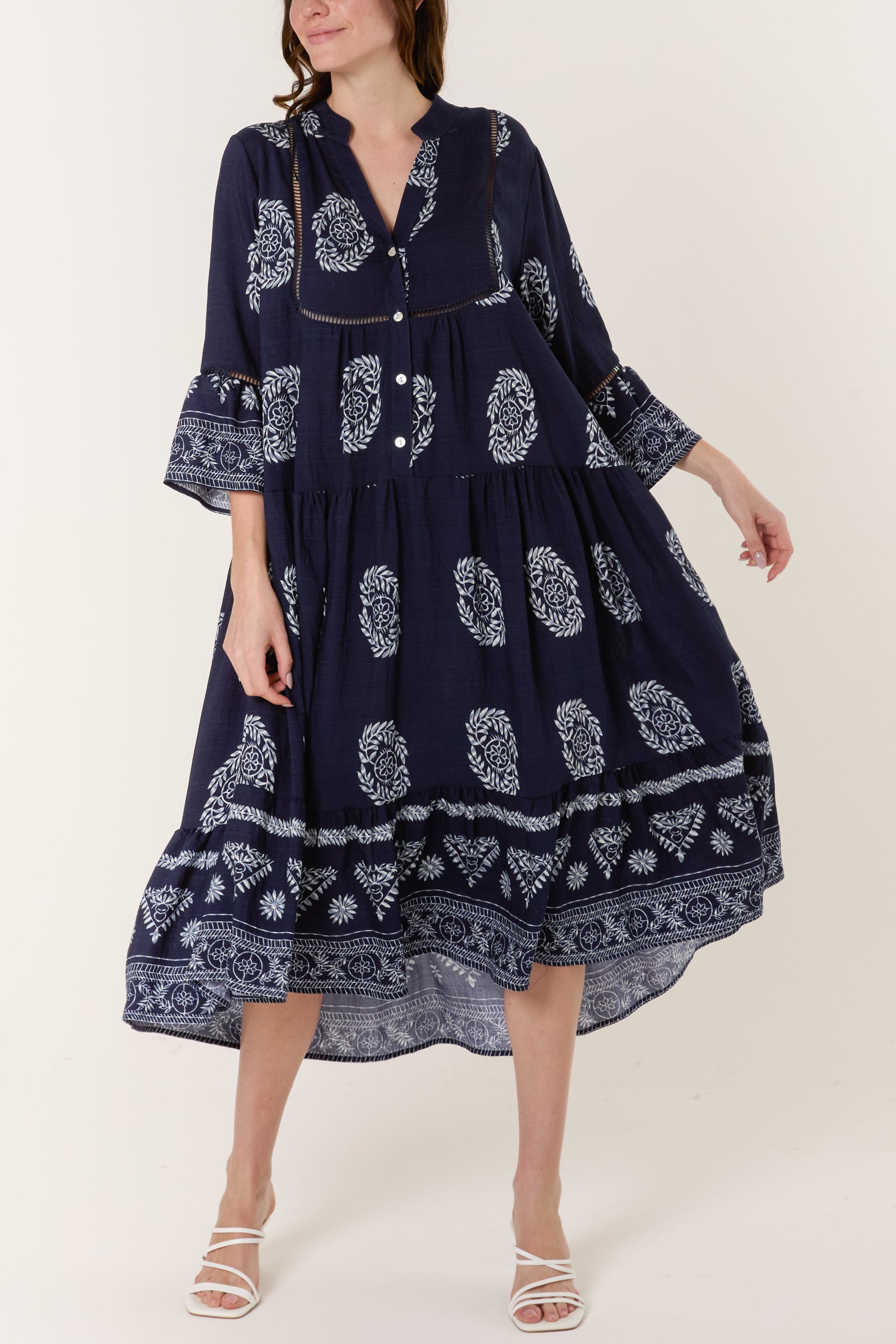 Wreath Print Button Smock Dress