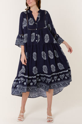 Wreath Print Button Smock Dress