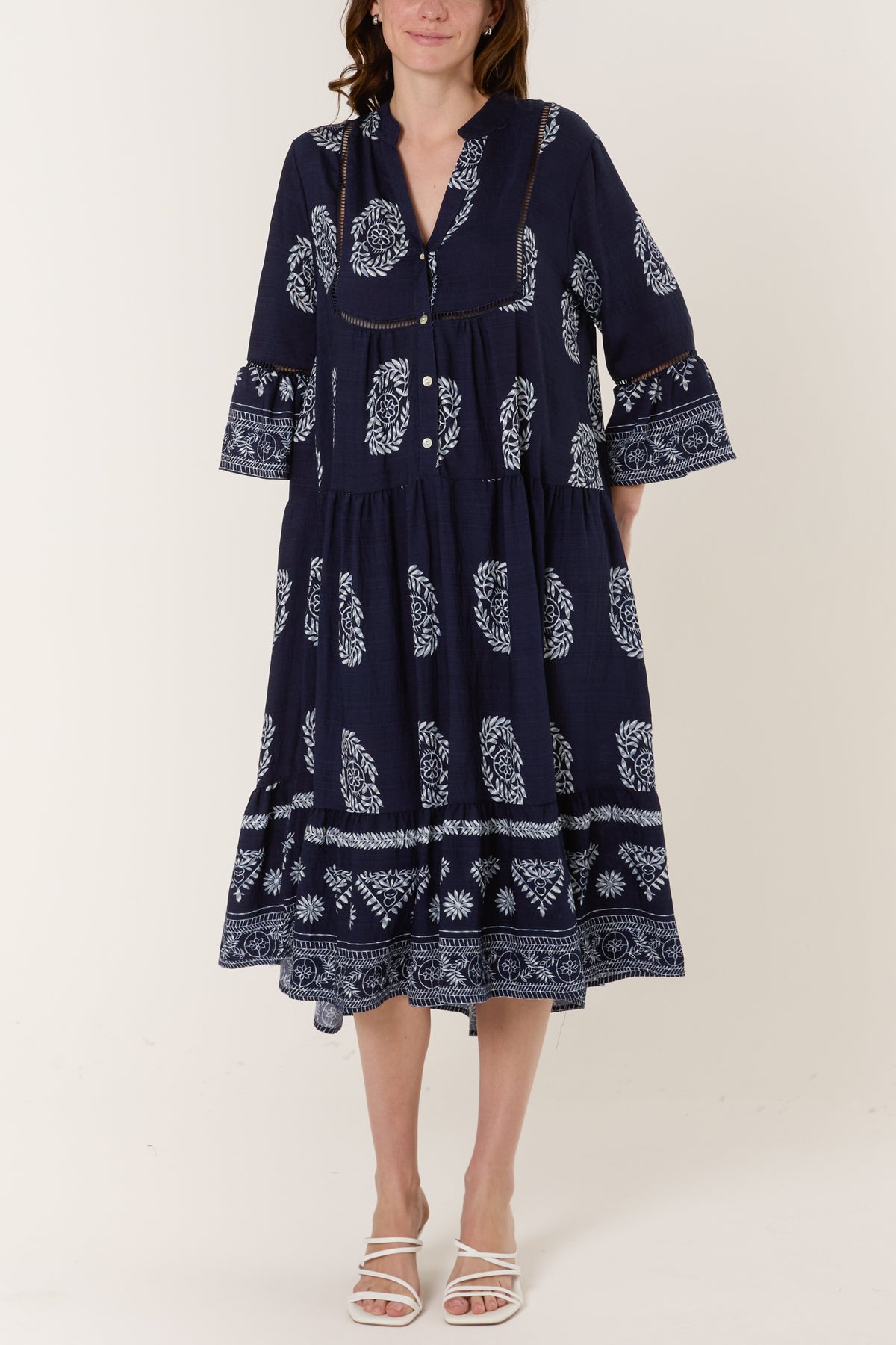 Wreath Print Button Smock Dress