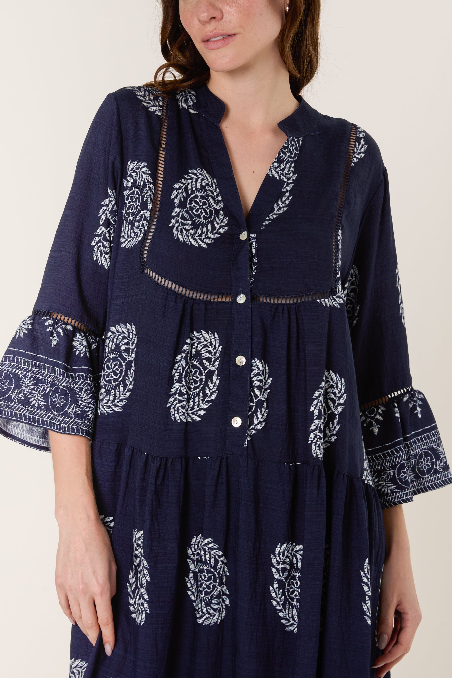 Wreath Print Button Smock Dress