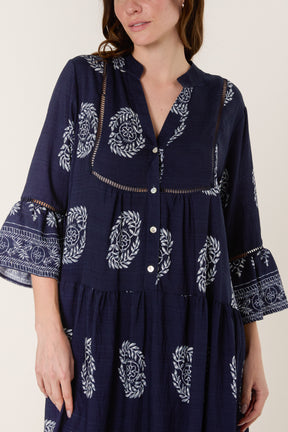 Wreath Print Button Smock Dress