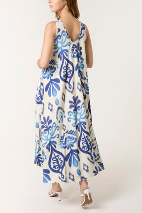 Floral Ikat Print Relaxed Midi Dress