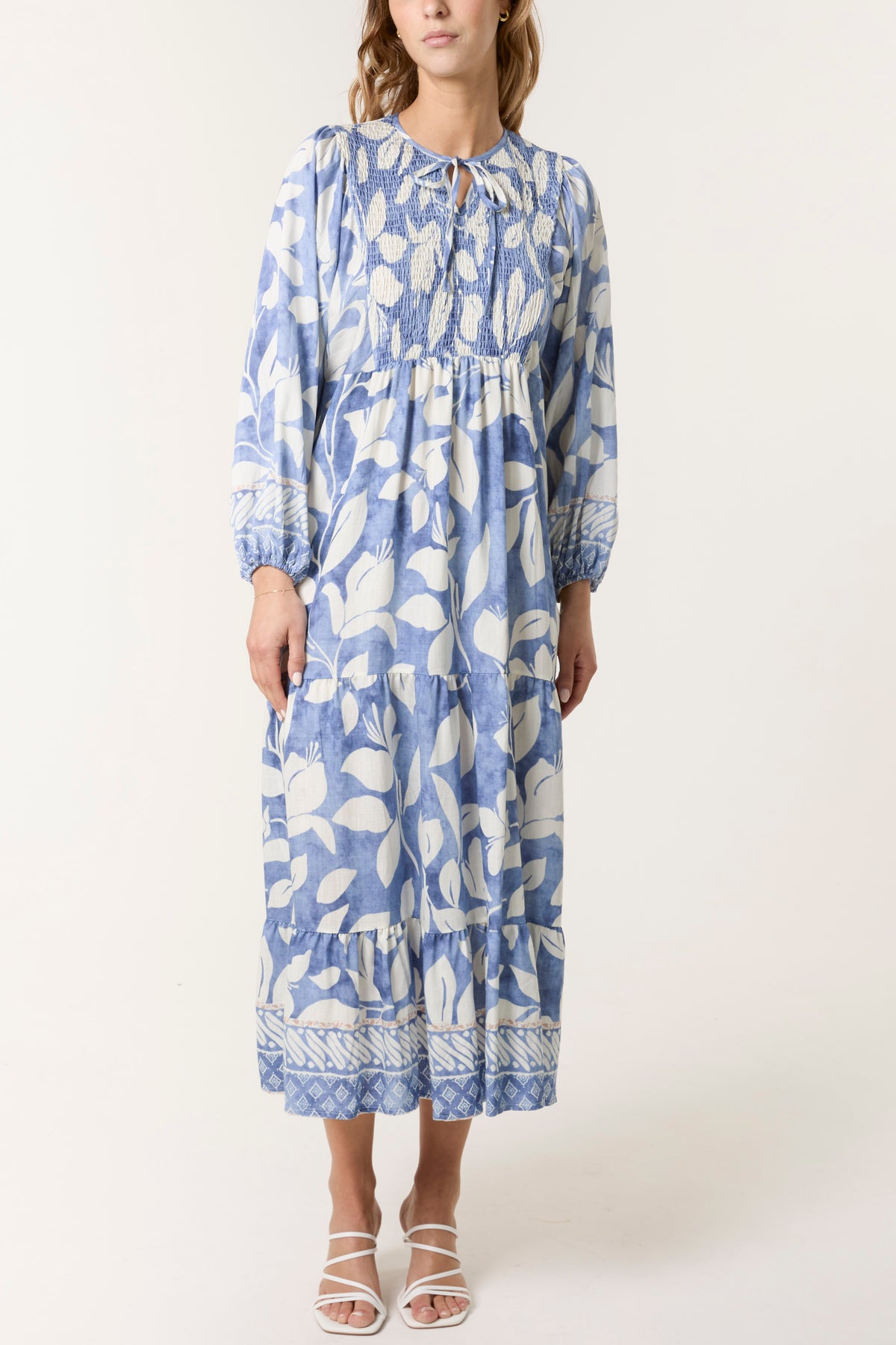 Leaf Print Shirred Bust Maxi Dress