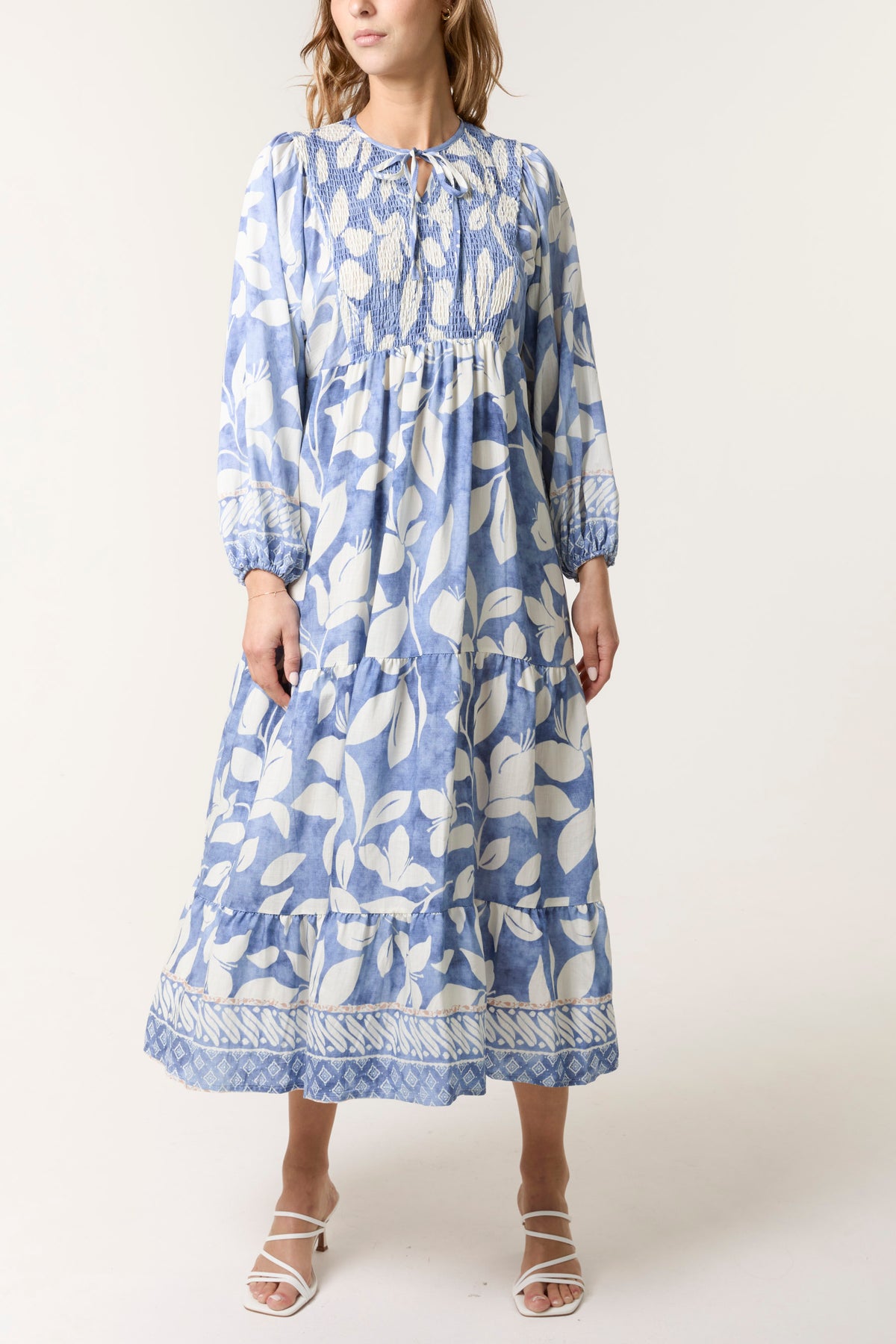 Leaf Print Shirred Bust Maxi Dress