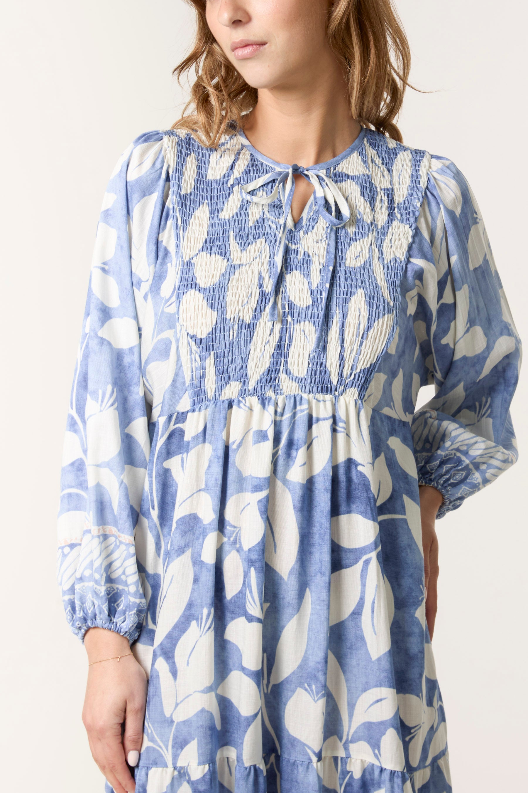 Leaf Print Shirred Bust Maxi Dress