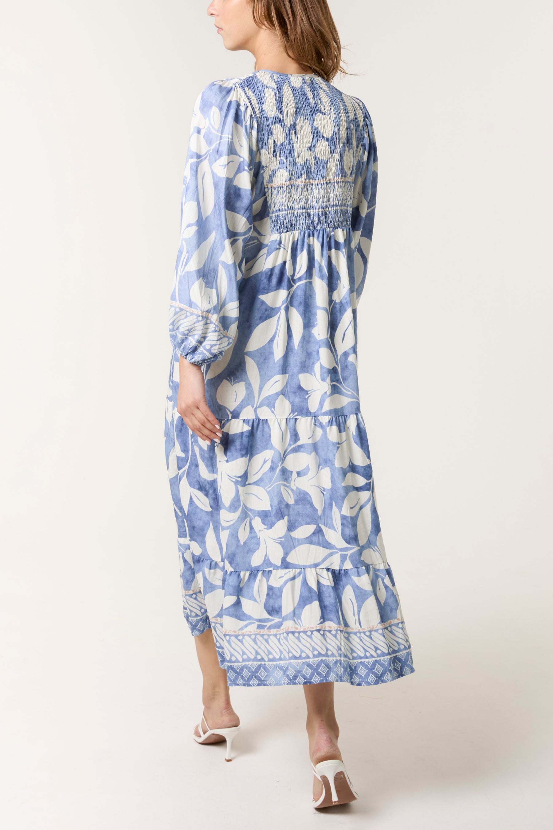 Leaf Print Shirred Bust Maxi Dress