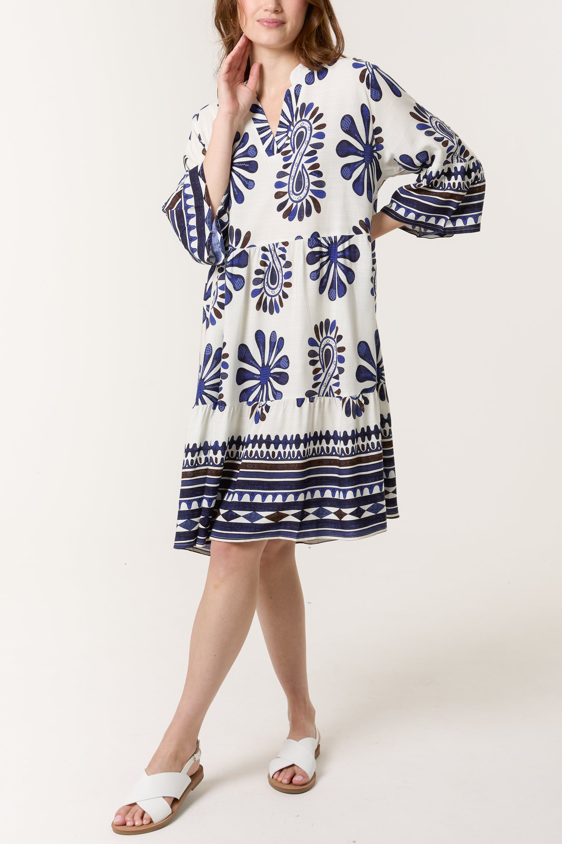 Tribal Floral V-Neck Smock Dress