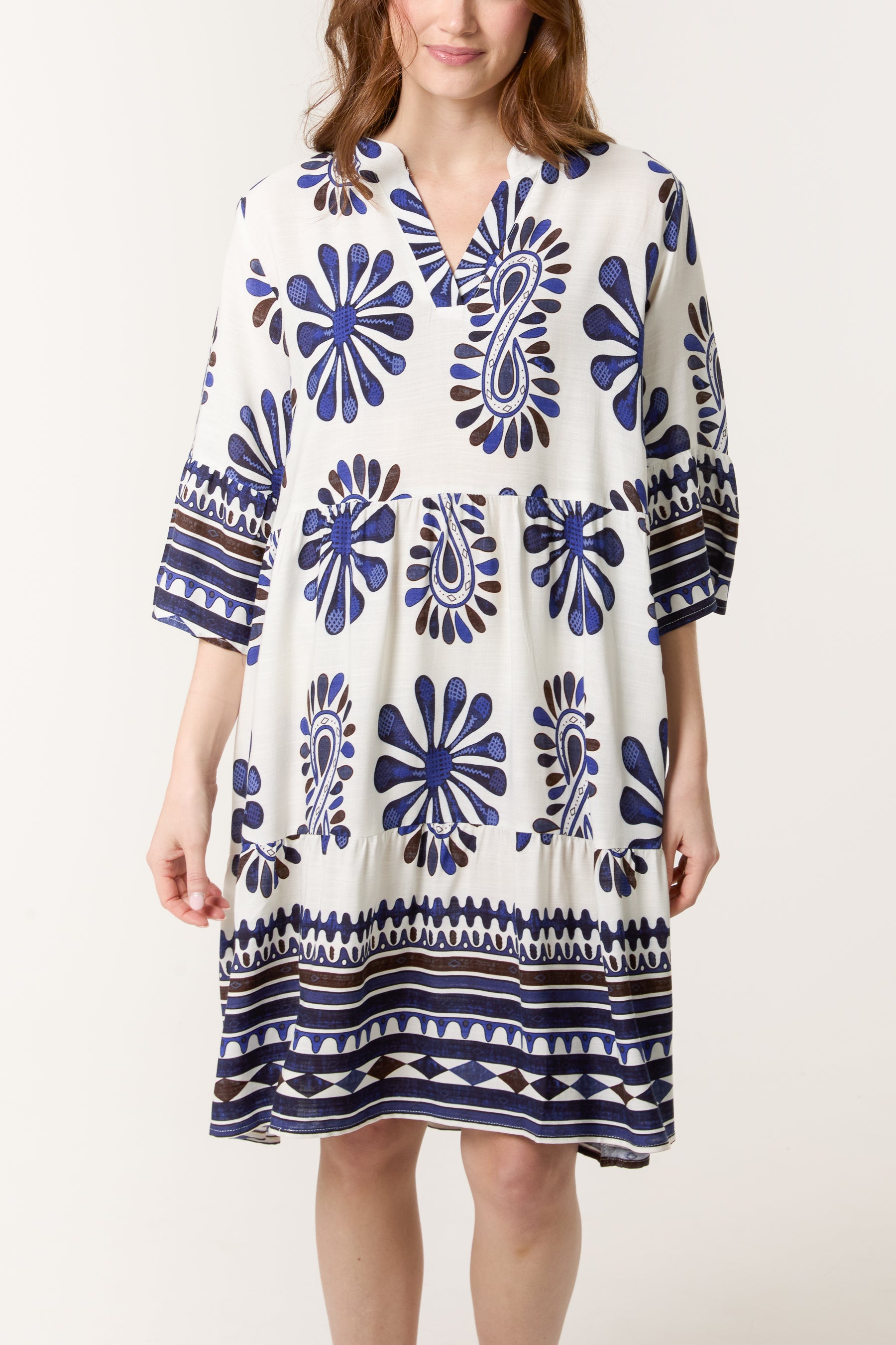 Tribal Floral V-Neck Smock Dress