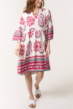 Tribal Floral V-Neck Smock Dress