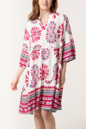 Tribal Floral V-Neck Smock Dress