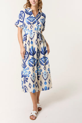 Ikat Button & Tie Front Midi Dress
