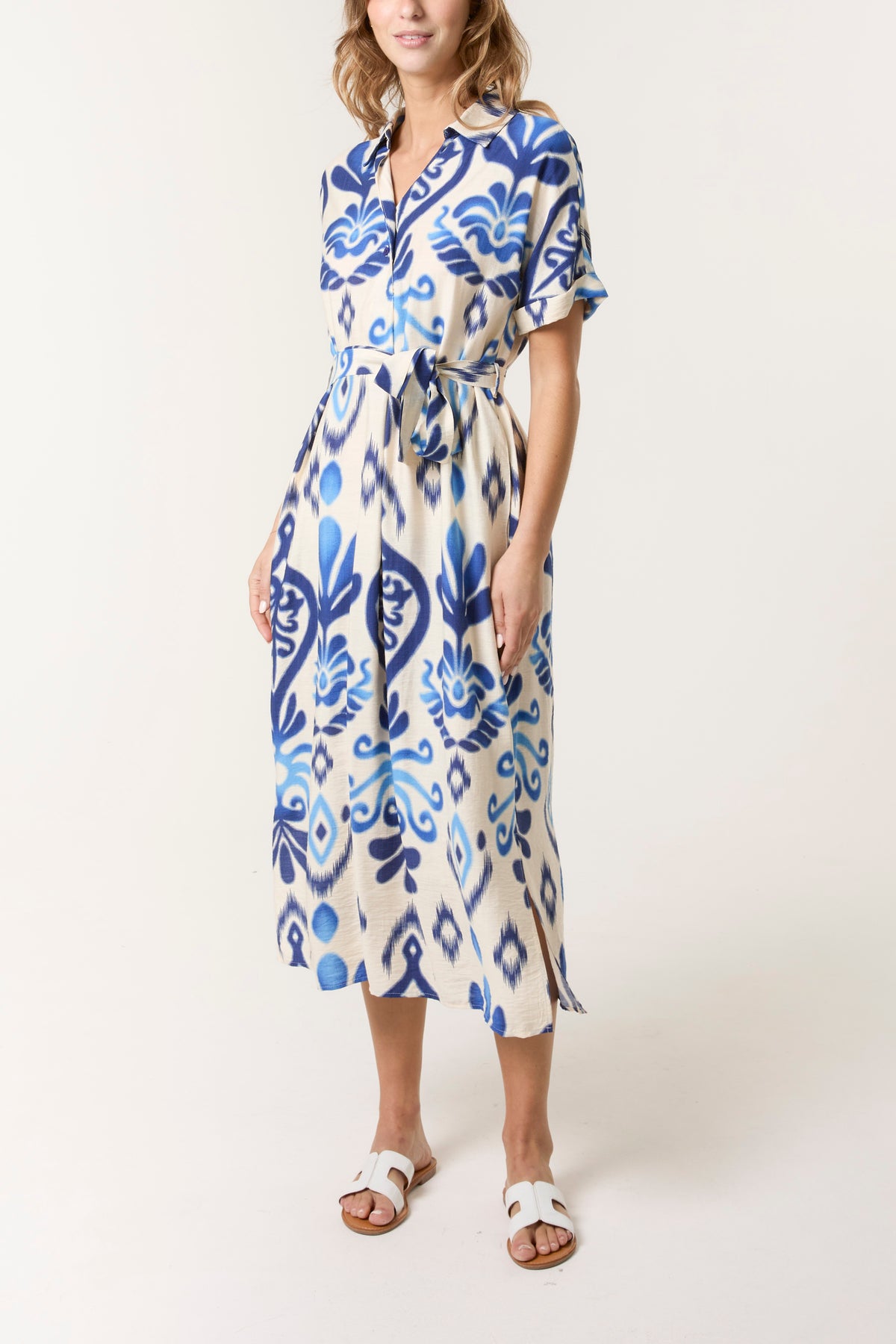 Ikat Button & Tie Front Midi Dress