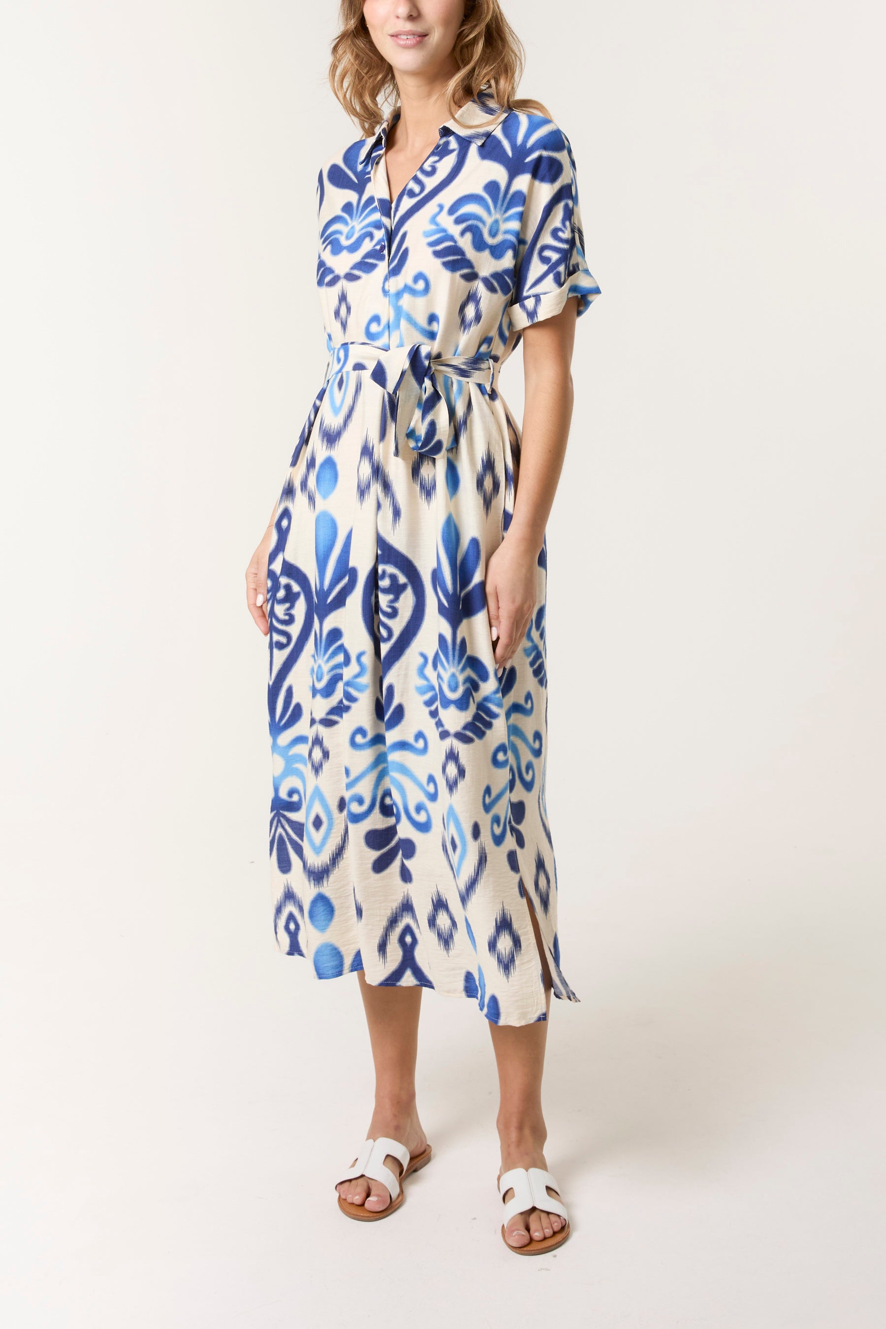 Ikat Button & Tie Front Midi Dress