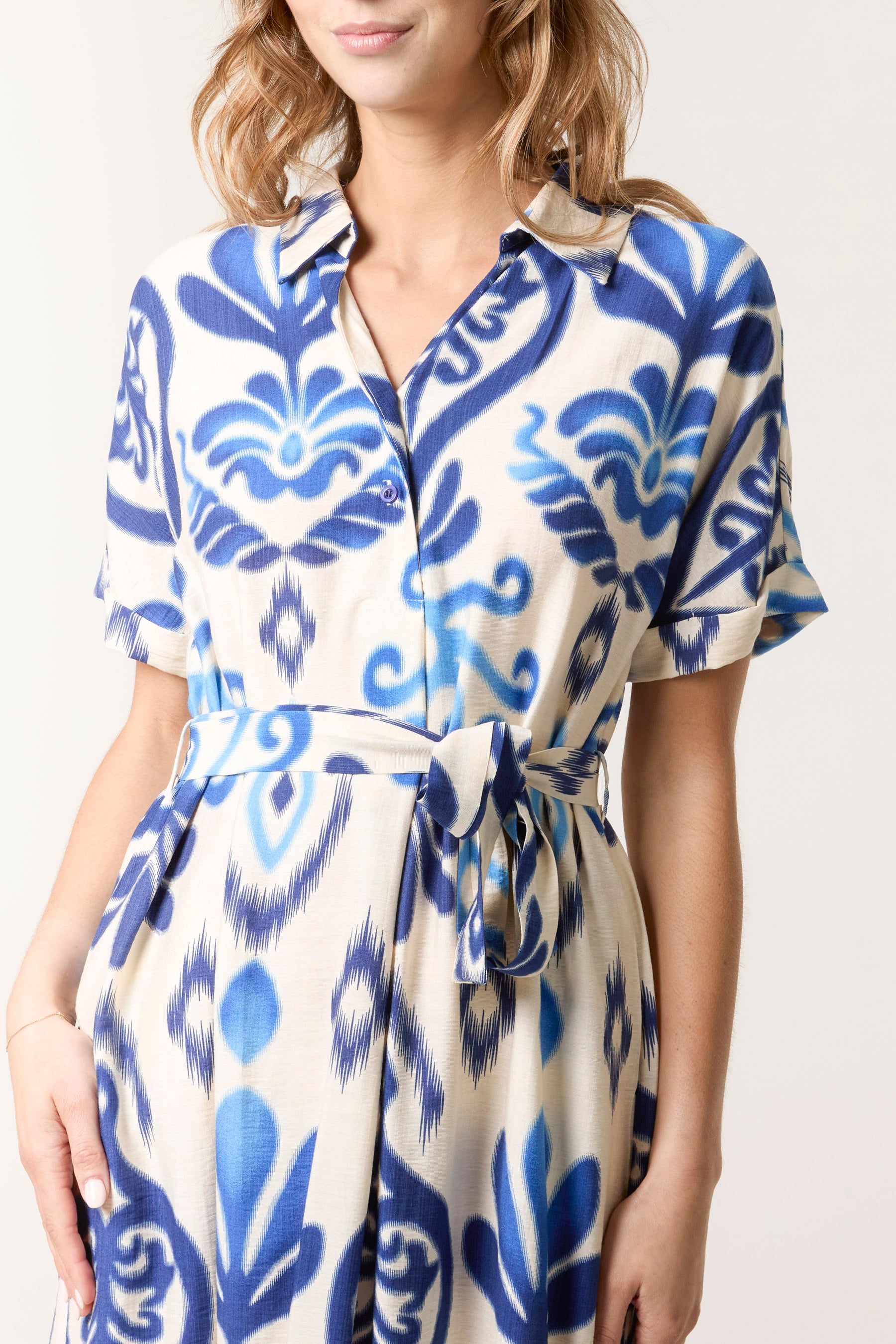 Ikat Button & Tie Front Midi Dress