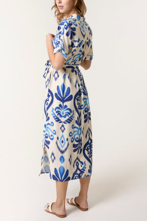 Ikat Button & Tie Front Midi Dress