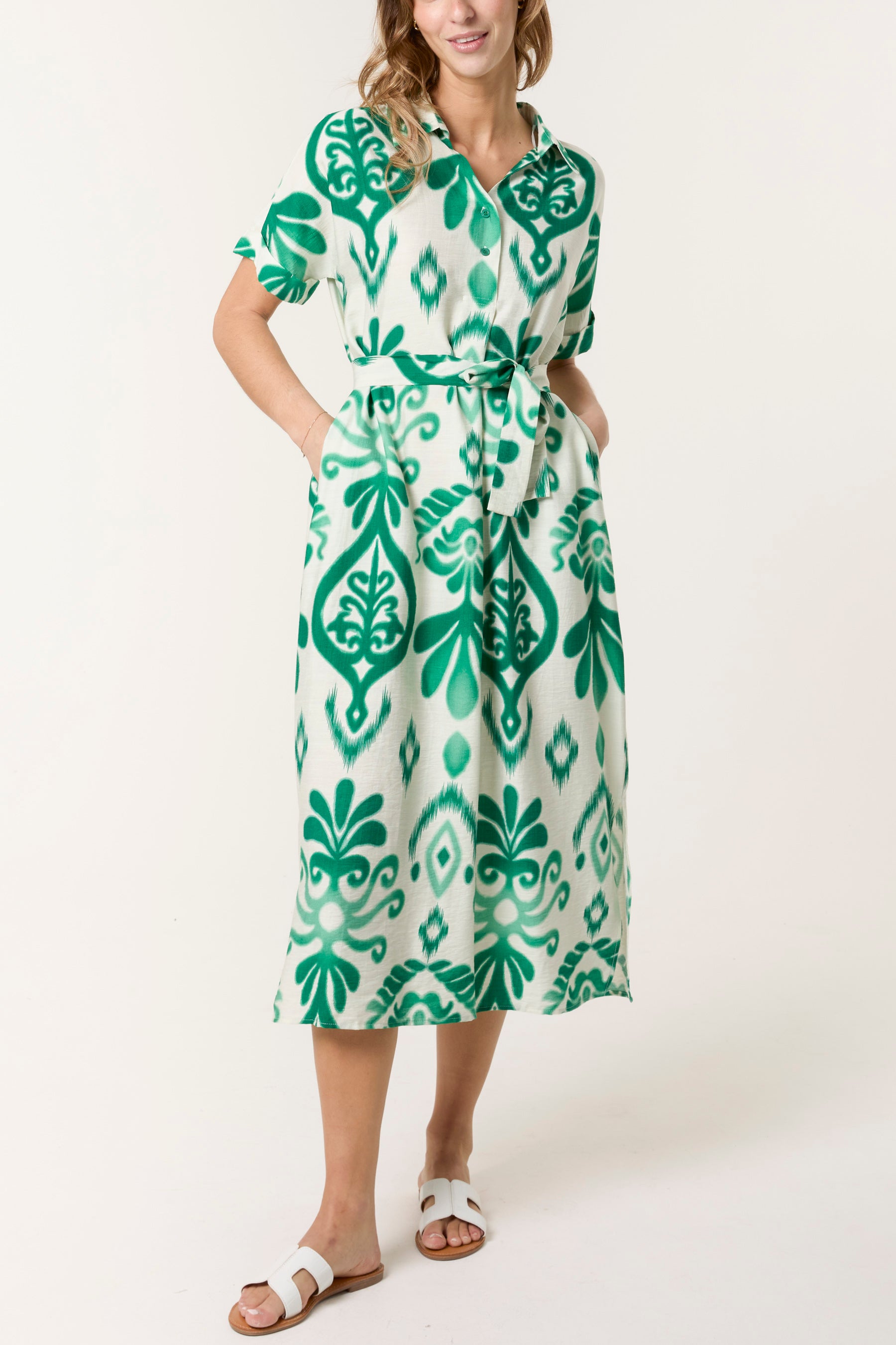 Ikat Button & Tie Front Midi Dress