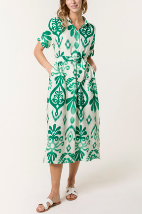 Ikat Button & Tie Front Midi Dress