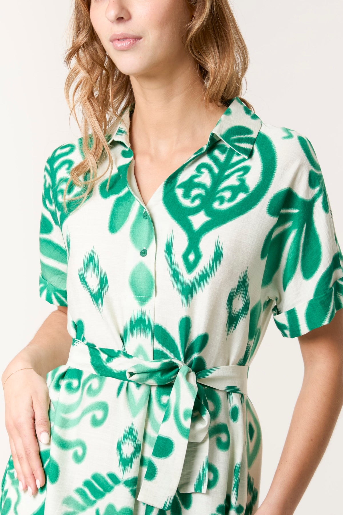 Ikat Button & Tie Front Midi Dress