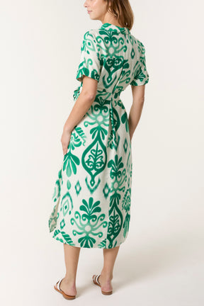 Ikat Button & Tie Front Midi Dress