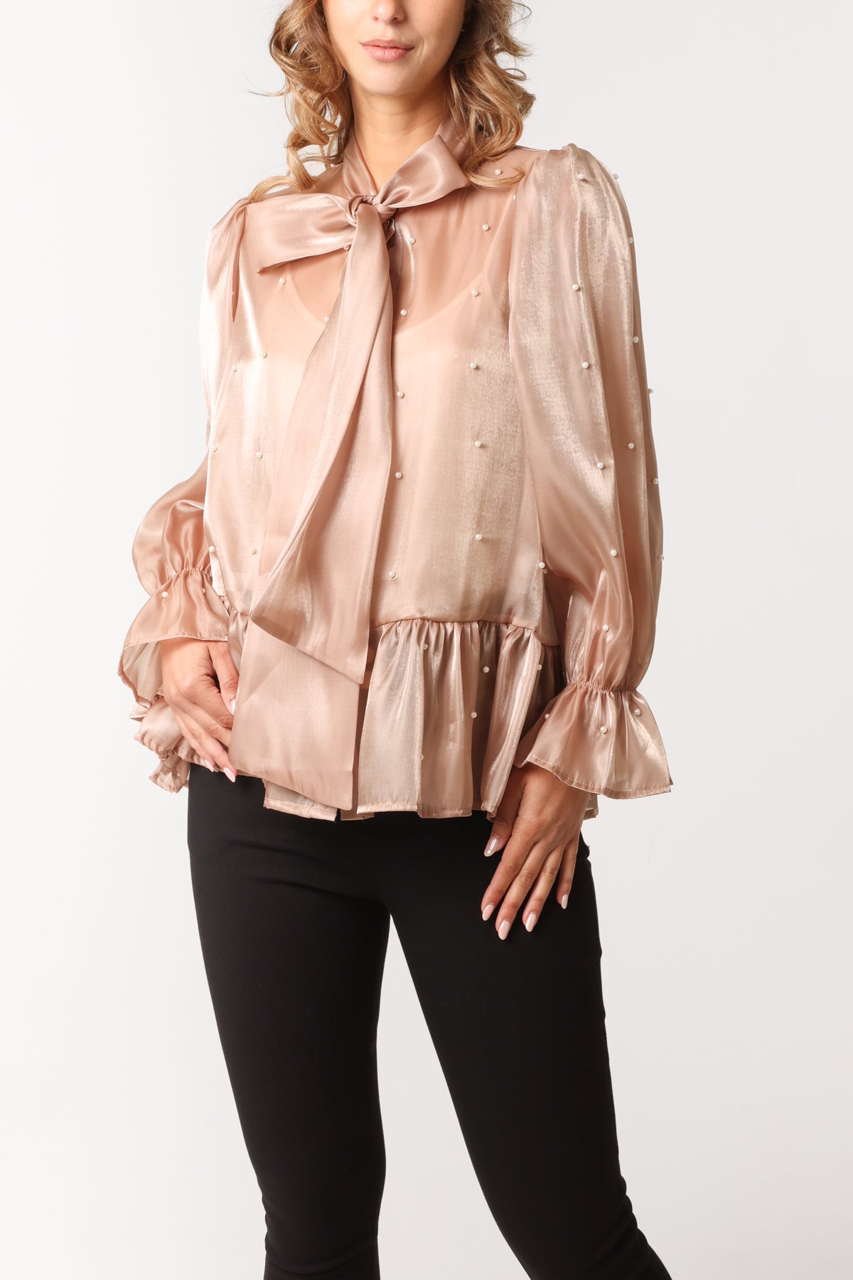 Pearl Detail Pussybow Blouse