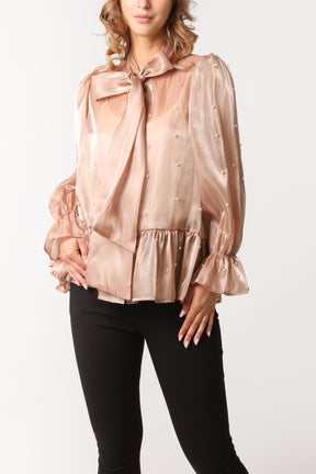 Pearl Detail Pussybow Blouse