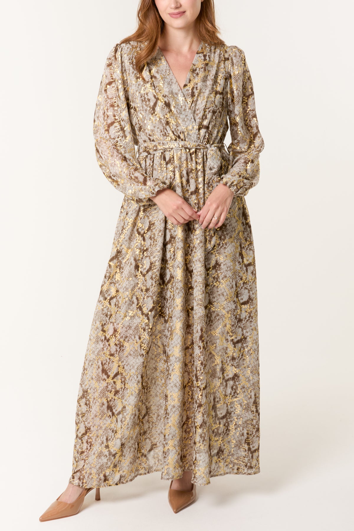 Gold Snake Print Wrap Maxi Dress