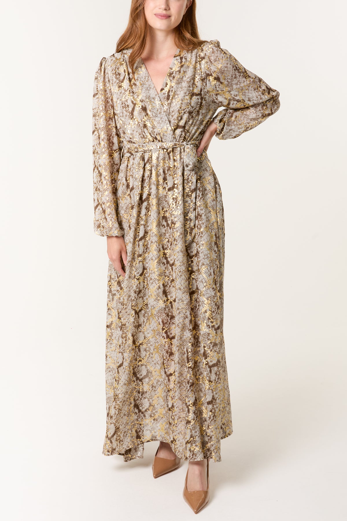 Gold Snake Print Wrap Maxi Dress