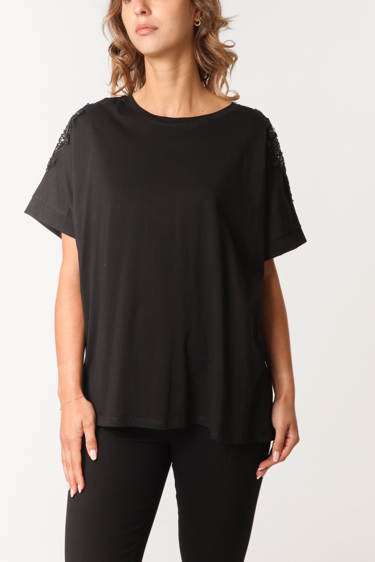 Floral Cut-Out Embellished Sleeve T-Shirt