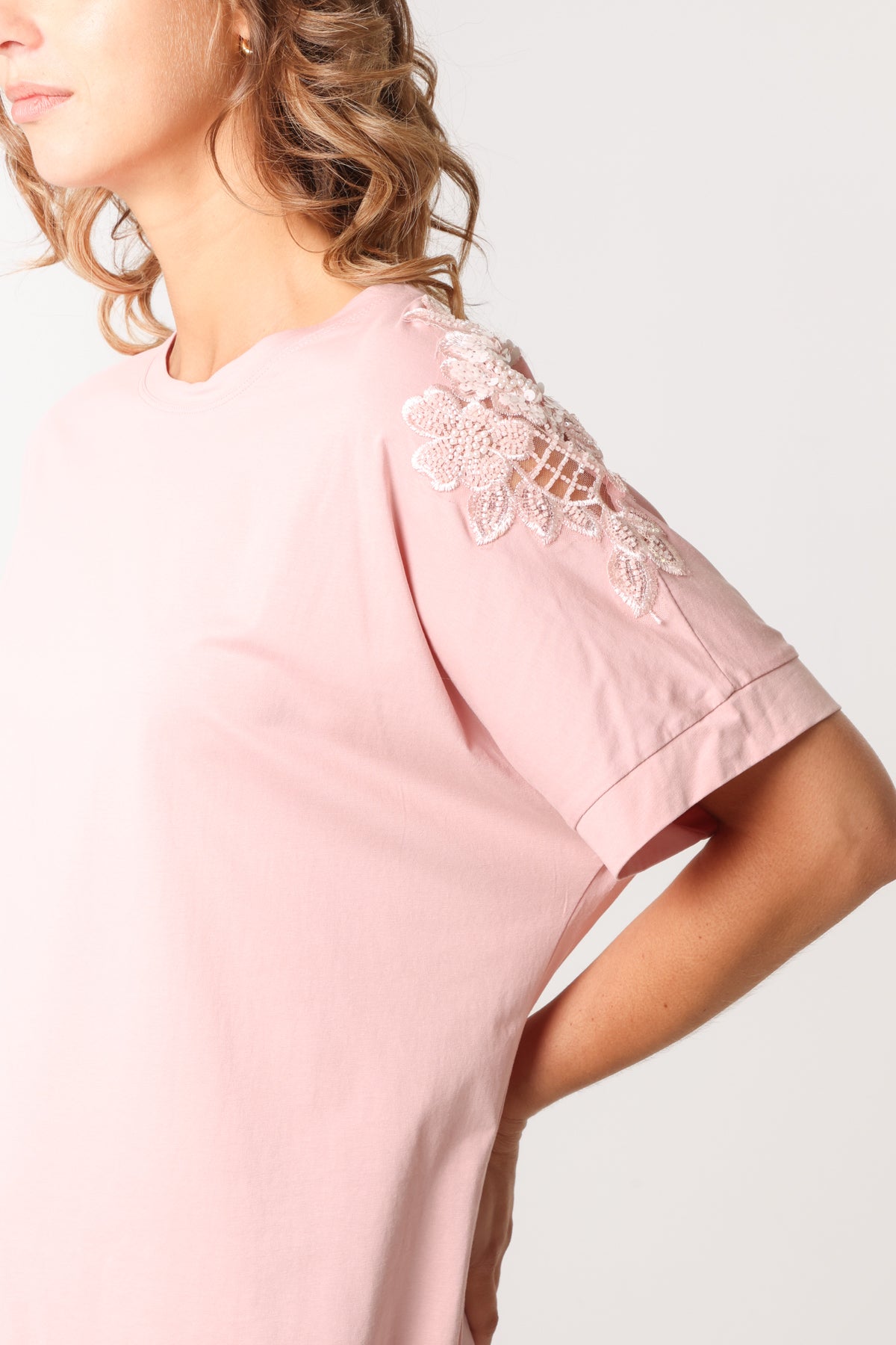 Floral Cut-Out Embellished Sleeve T-Shirt