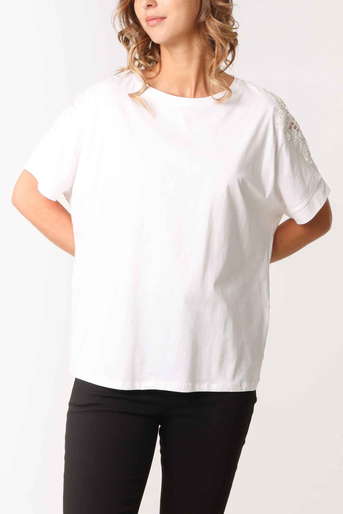 Floral Cut-Out Embellished Sleeve T-Shirt