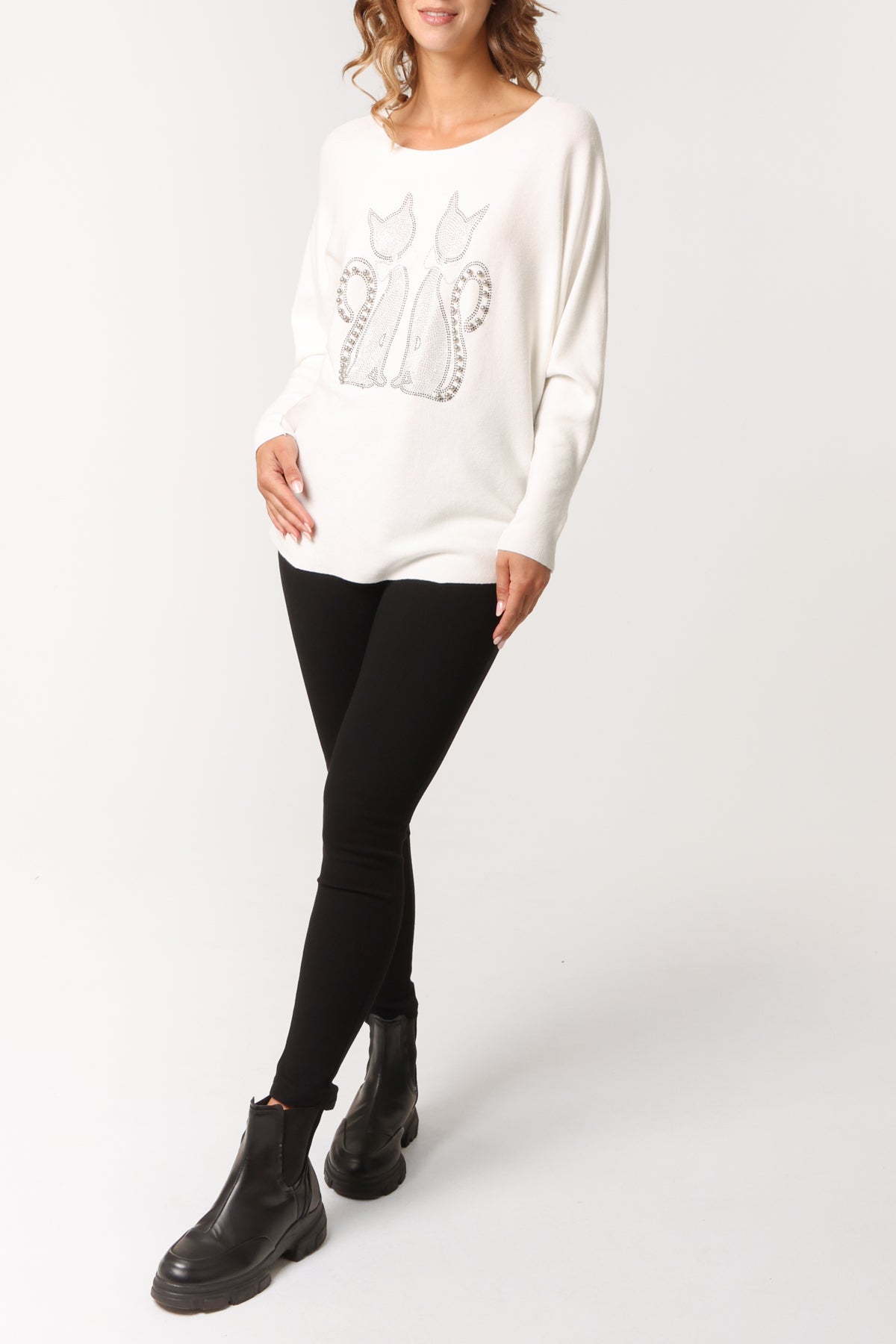 Embellished Cat Round Neck Jumper